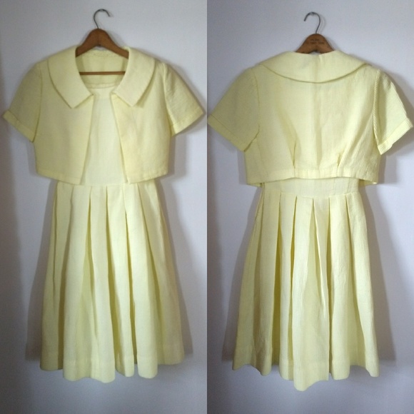 None Dresses & Skirts - Vintage 1950s Yellow Waffle Dress Jacket Suit XS 2